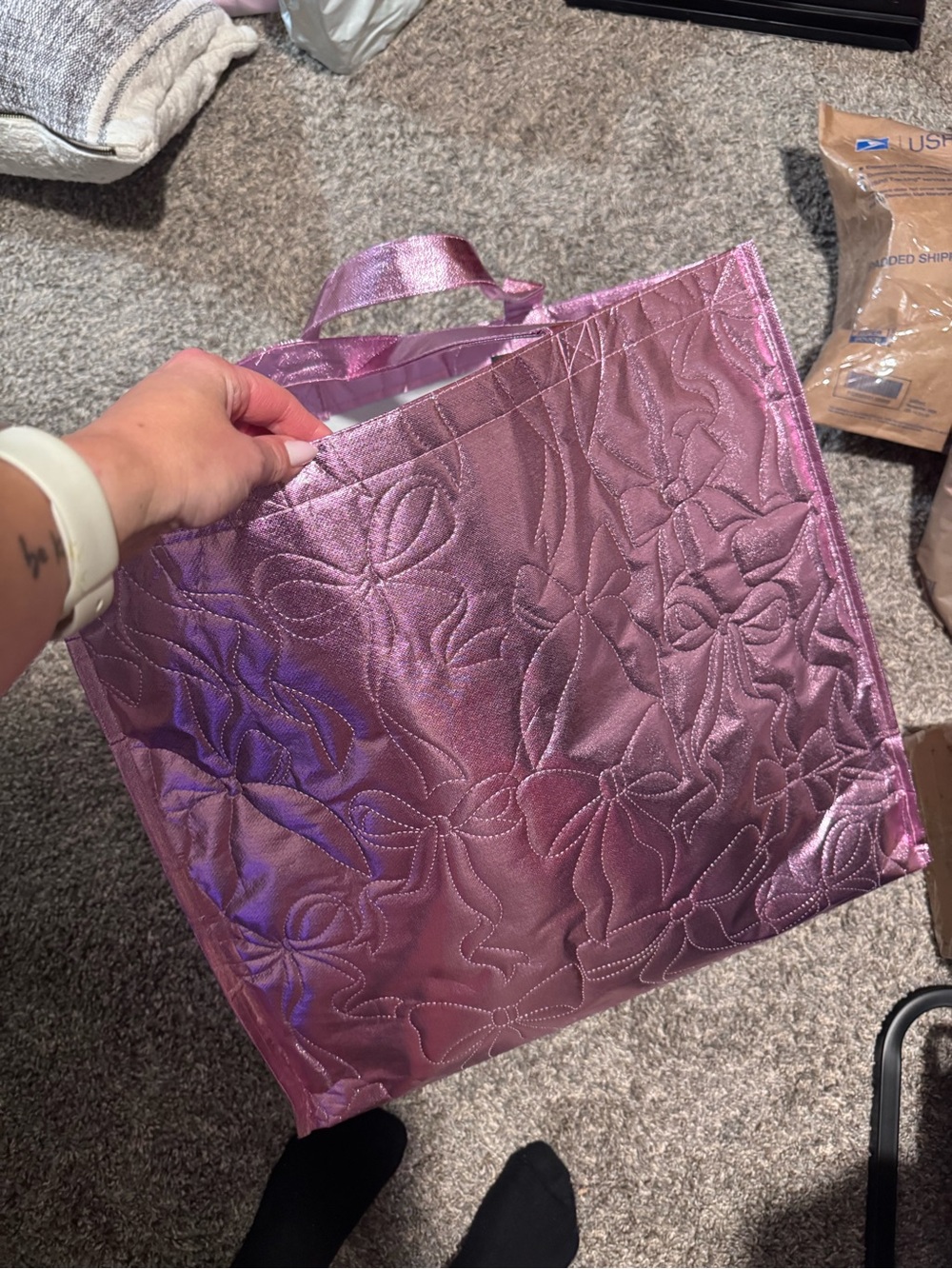 Metallic Pink Quilted bow Tote Bag